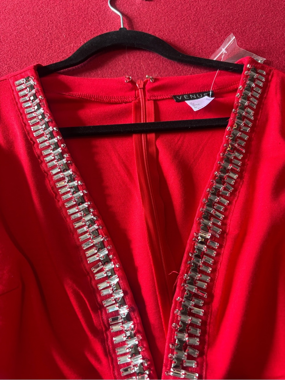 VENUS Red V-Neck Dress with Crystal Trim